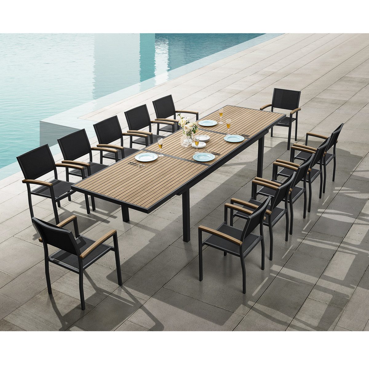 Heck Extendable Outdoor Dining Set, Teak Patio Furniture 12-person