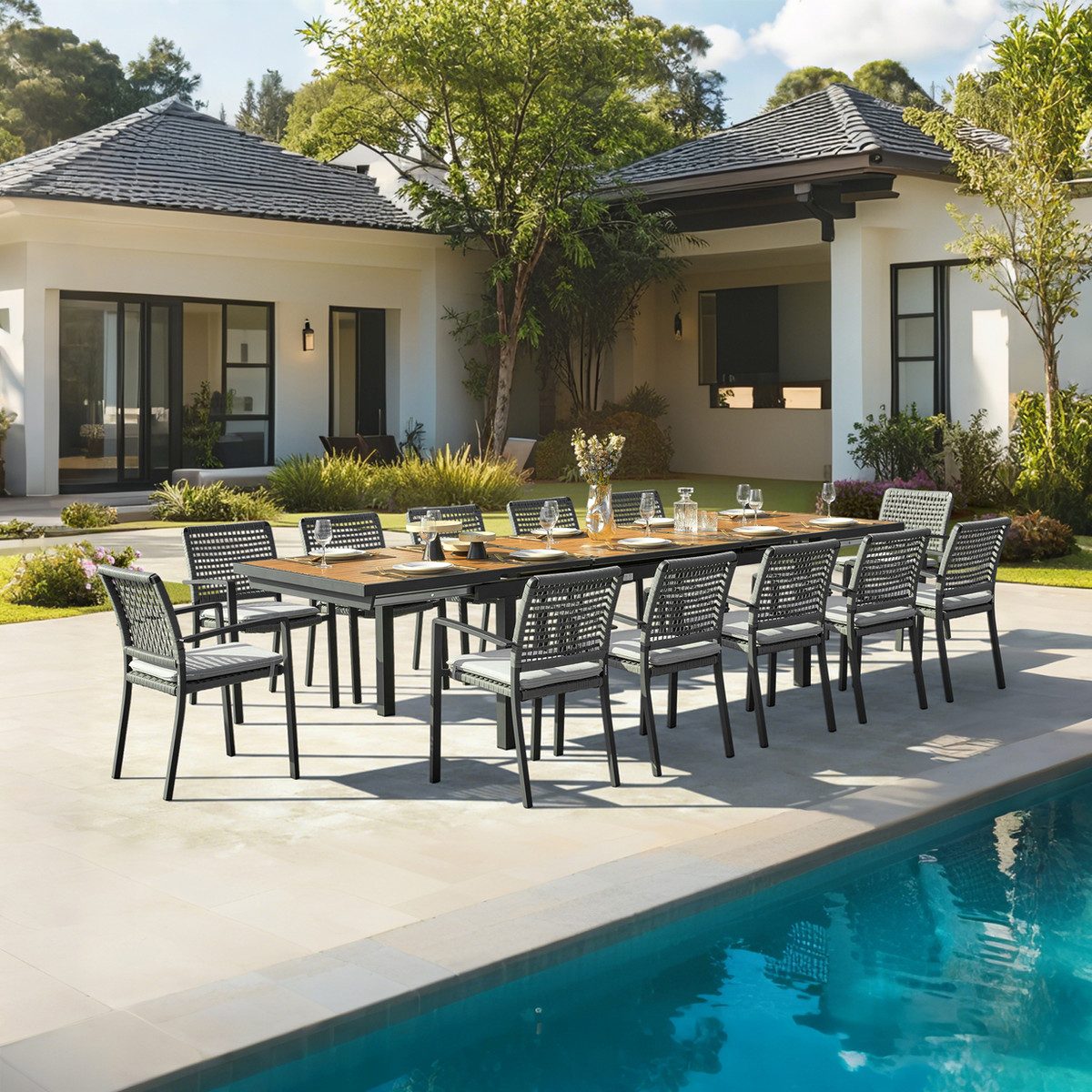 - Heck 13-Piece FSC Teak Patio Dining Set for 12, Extendable Dining Table