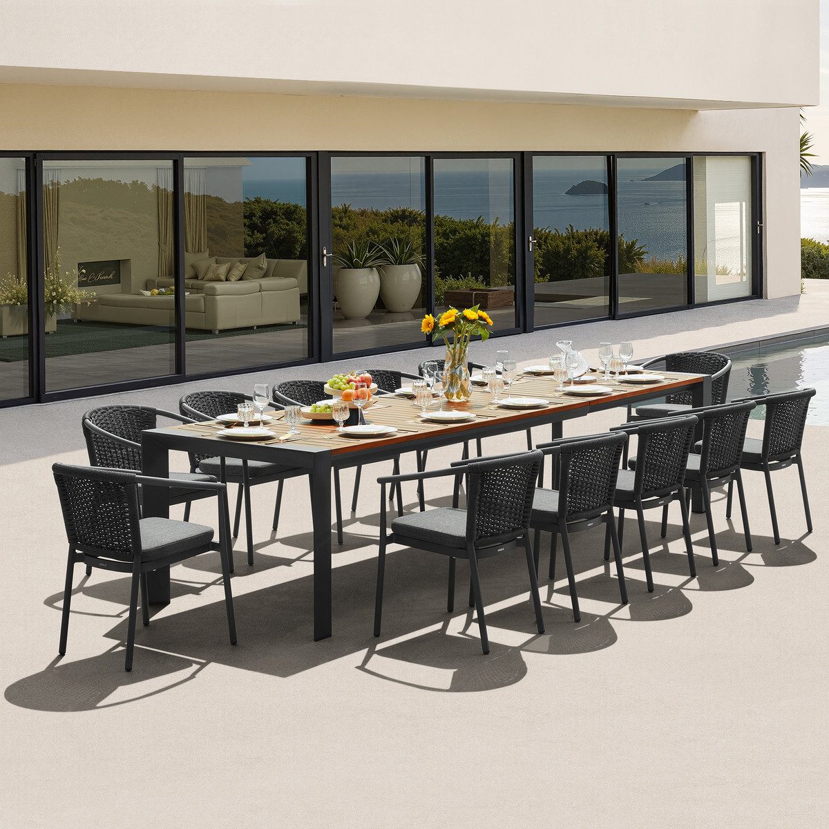 LUMEN 13-Piece FSC Teak Patio Dining Set for 12, Extendable Dining Table