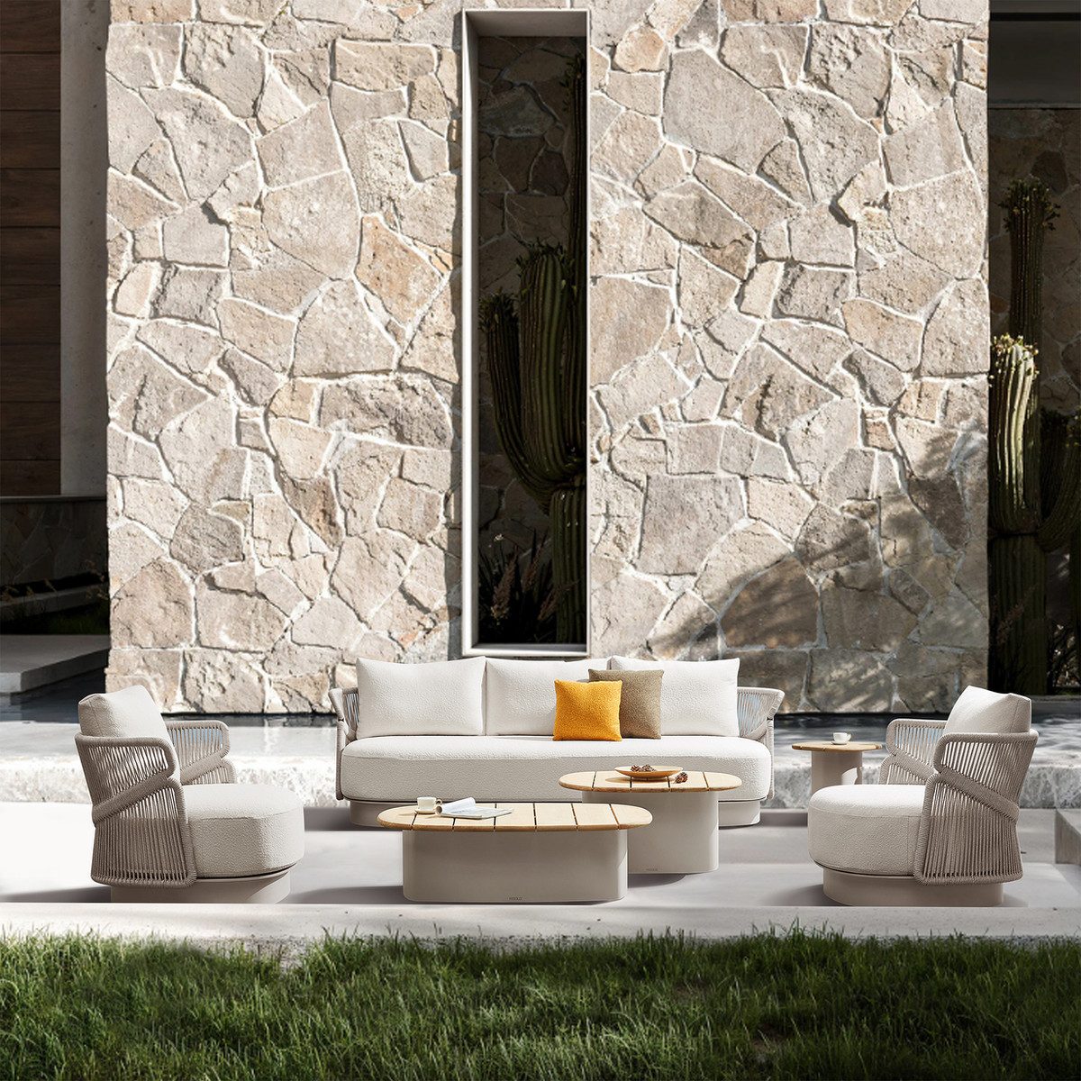 Aio Outdoor Conversation Set Teak Patio Sofa, 6 Pieces,white