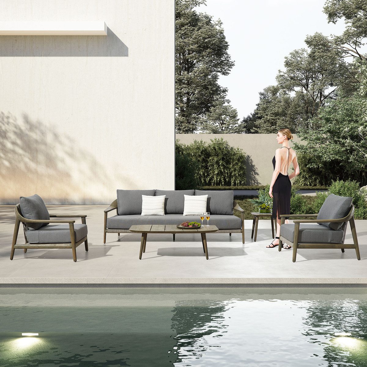 LEO Outdoor Coversation Set, 5-Seater Solid Teak Patio Furniture