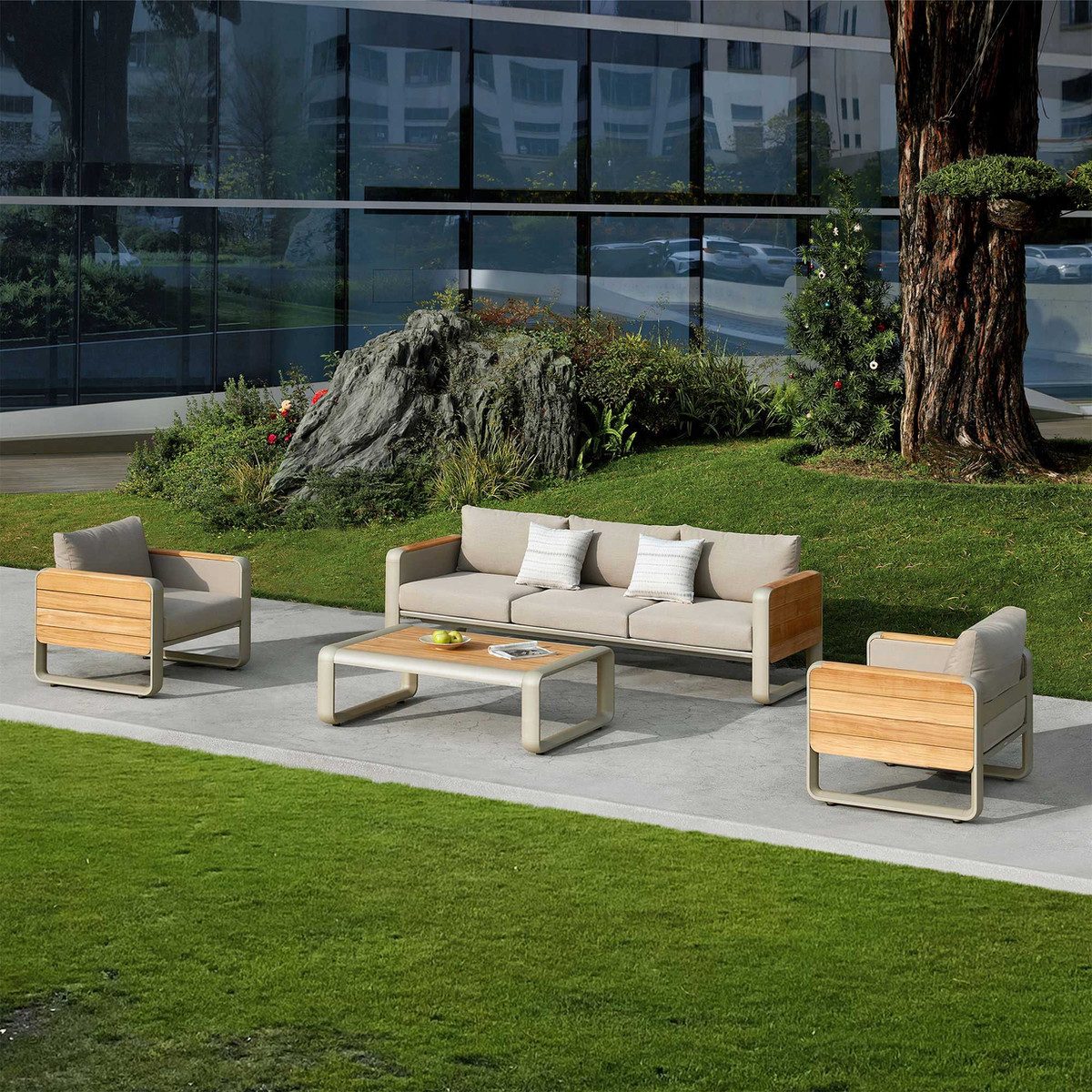 Nottingham 5 Person Teak Outdoor Patio Conversation Sofa Set, Amber Powder Coati