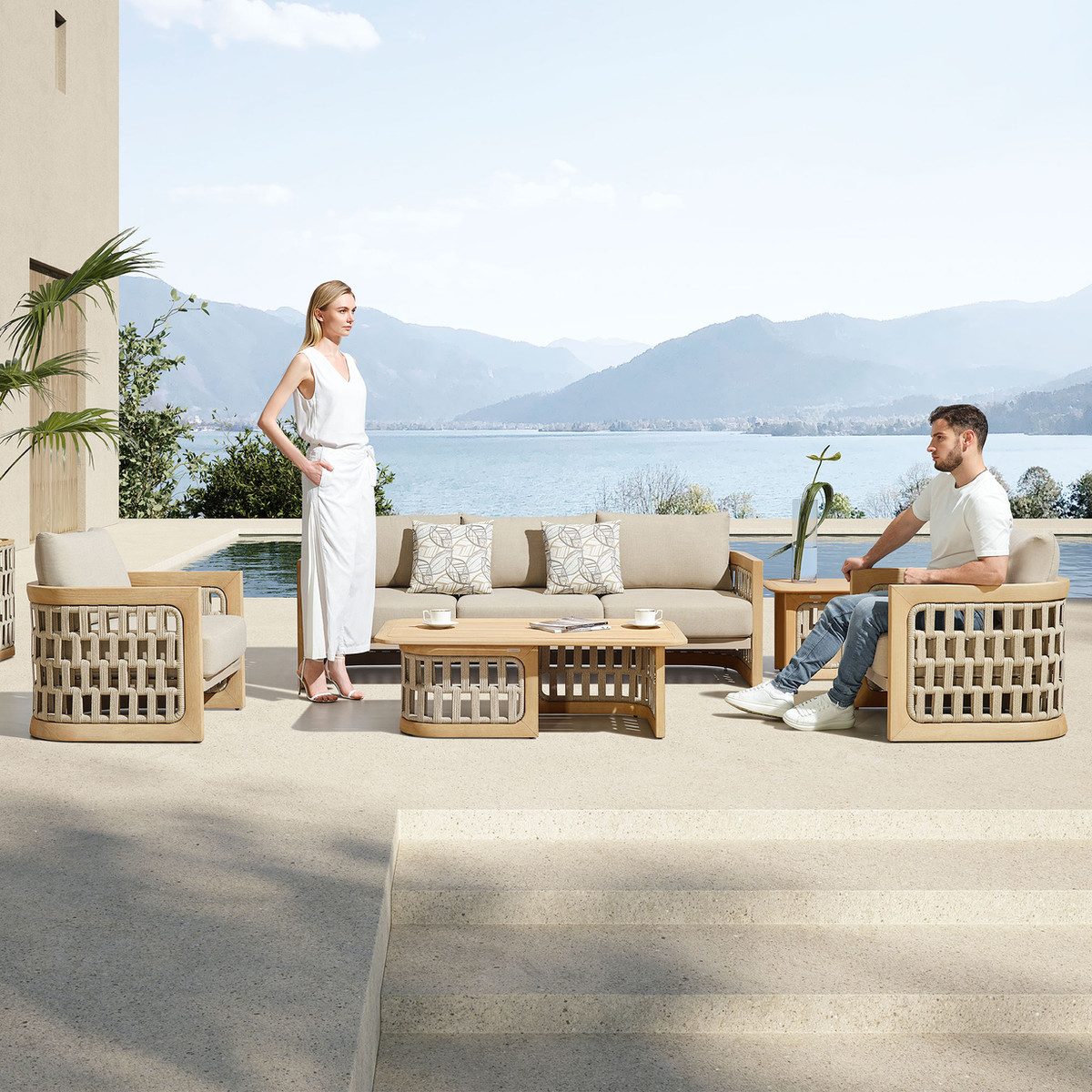 Riva 4-Piece Outdoor Patio Sofa Set, 5-Seater Teak Patio Conversation Set